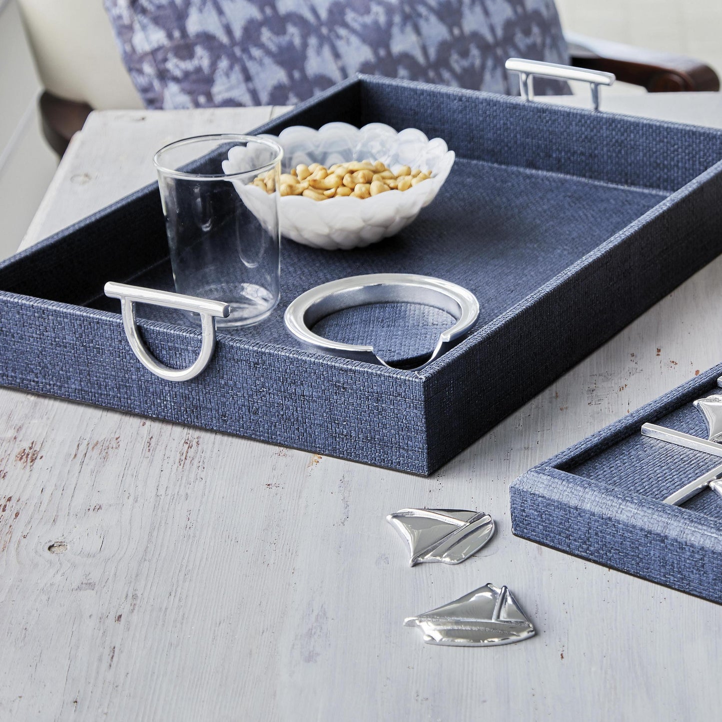 Indigo Faux Grasscloth Tray with Metal Handles