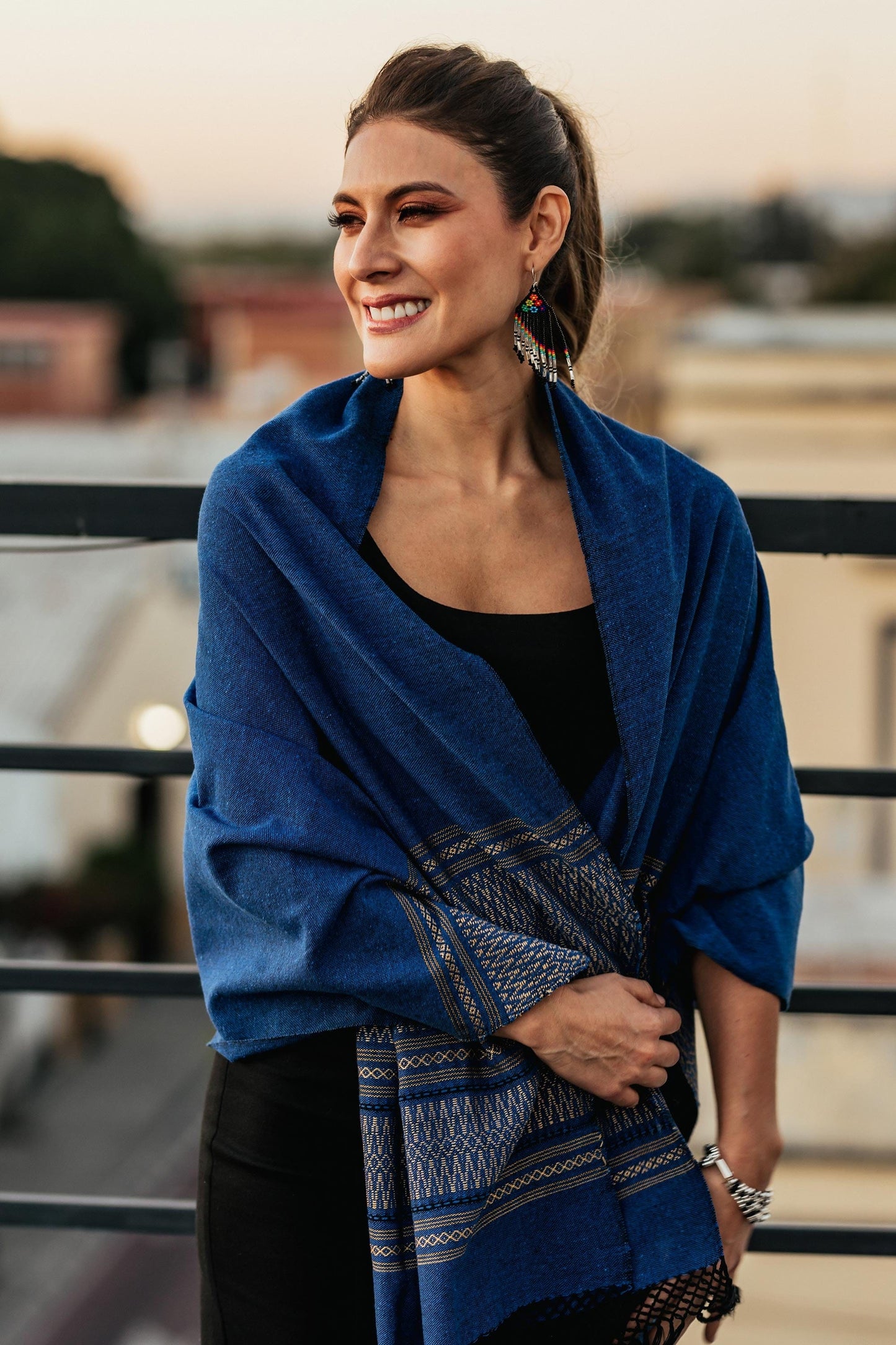 Blue Cotton Zapotec Shawl from Mexico with Golden Motifs - Golden Sea Foam