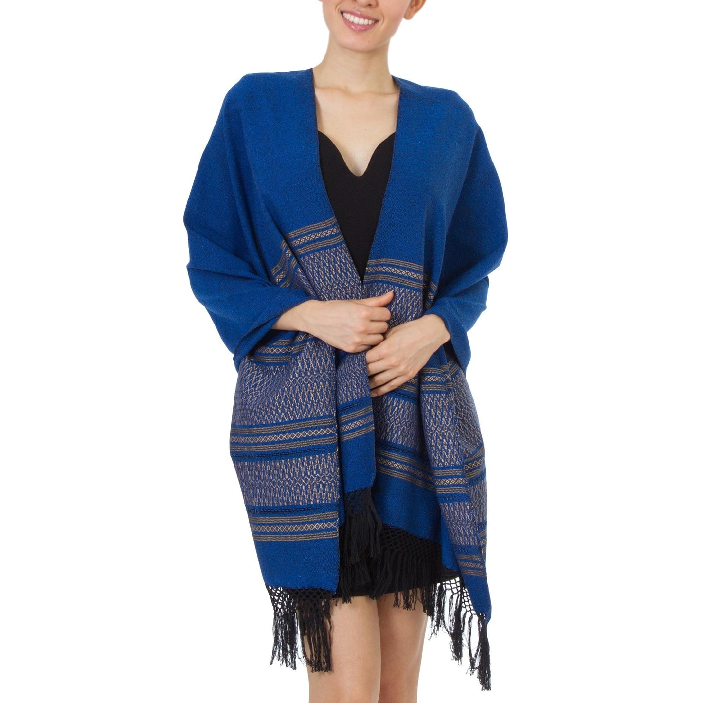 Blue Cotton Zapotec Shawl from Mexico with Golden Motifs - Golden Sea Foam
