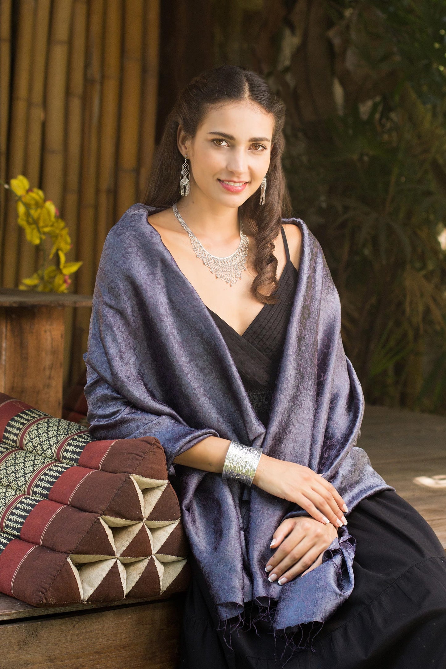Blue Grey Jacquard Floral Shawl in Rayon and Silk - Mandarin Storm