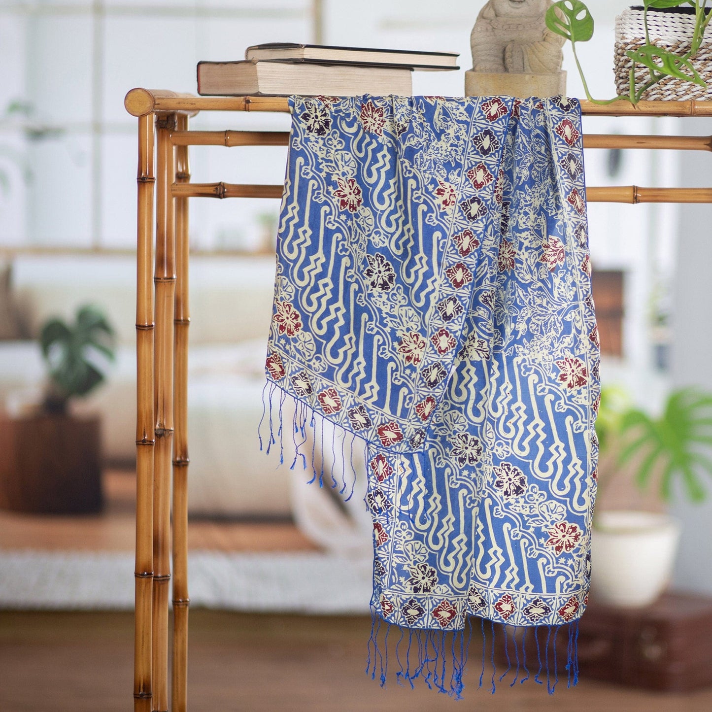 Batik Silk Shawl with Indigo Floral Motifs from Bali - Alluring Lily in Indigo