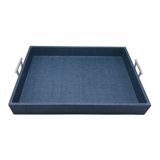 Indigo Faux Grasscloth Tray with Metal Handles