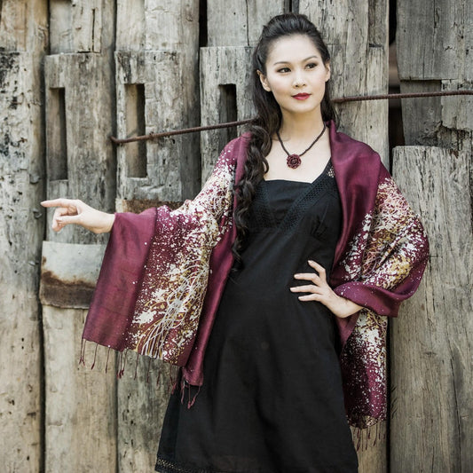 Batik Silk Shawl - Fireworks on Maroon