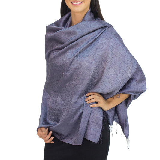 Blue Grey Jacquard Floral Shawl in Rayon and Silk - Mandarin Storm