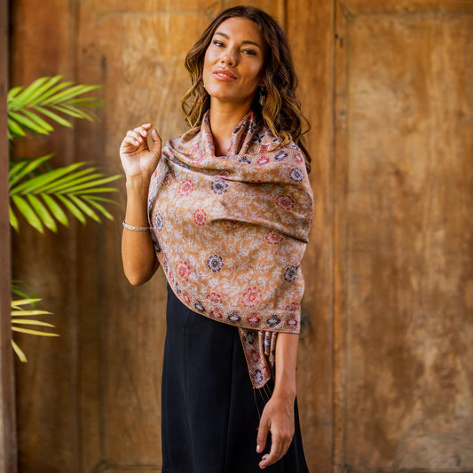 Batik Silk Shawl with Spice Floral Motifs from Bali - Truntum Forest in Spice