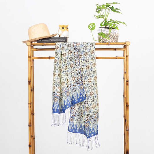 Batik Silk Shawl with Multicolored Floral Motifs from Bali - Ceplok Petals in Indigo