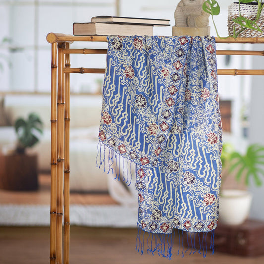 Batik Silk Shawl with Indigo Floral Motifs from Bali - Alluring Lily in Indigo