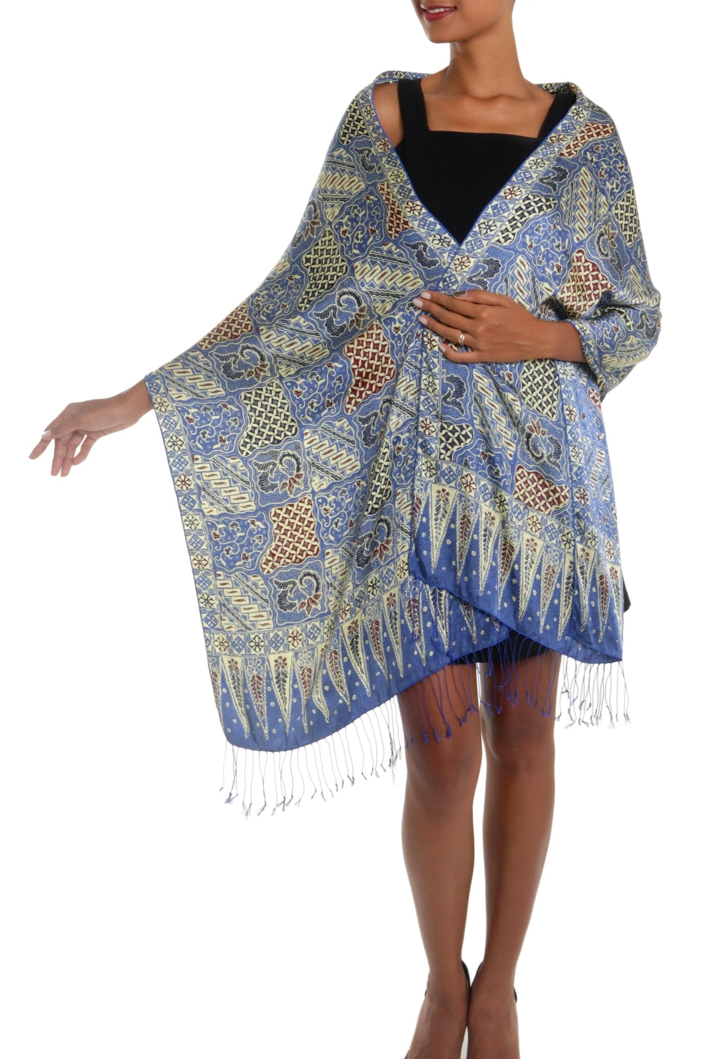 Batik Silk Shawl with Traditional Motifs in Iris from Bali - Iris Sekar Jagad