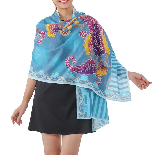 Blue Cotton Shawl with Paisley and Flower Batik Motifs - Paradise Garden