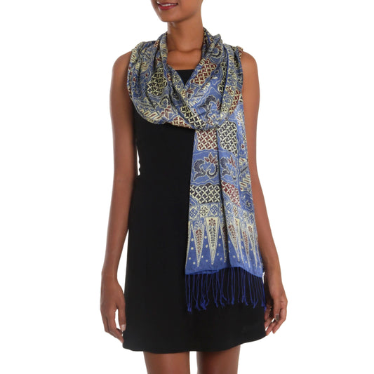 Batik Silk Shawl with Traditional Motifs in Iris from Bali - Iris Sekar Jagad